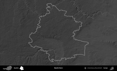 Bezirk Boynuzu. Avusturya 'nın idari bölgesi gri ölçekli bir yükselme haritasında özetlendi
