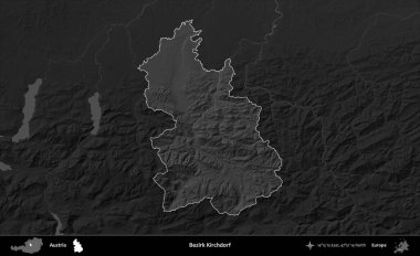 Bezirk Kirchdorf. Avusturya 'nın idari alanı koyu gri tonlu bir yükselme haritasına vurgulandı ve özetlendi