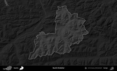 Bezirk Kitzbuhel. Avusturya 'nın idari alanı koyu gri tonlu bir yükselme haritasına vurgulandı ve özetlendi