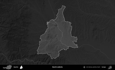 Bezirk Leibnitz. Avusturya 'nın idari alanı koyu gri tonlu bir yükselme haritasına vurgulandı ve özetlendi