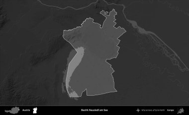 Bezirk Neusiedl Ben See. Avusturya 'nın idari alanı koyu gri tonlu bir yükselme haritasına vurgulandı ve özetlendi