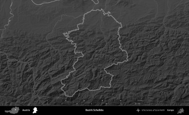 Bezirk Scheibbs. Avusturya 'nın idari bölgesi gri ölçekli bir yükselme haritasında özetlendi
