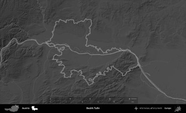 Bezirk Tulln. Avusturya 'nın idari bölgesi gri ölçekli bir yükselme haritasında özetlendi