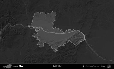 Bezirk Tulln. Avusturya 'nın idari alanı koyu gri tonlu bir yükselme haritasına vurgulandı ve özetlendi