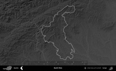 Bezirk Weiz. Avusturya 'nın idari bölgesi gri ölçekli bir yükselme haritasında özetlendi