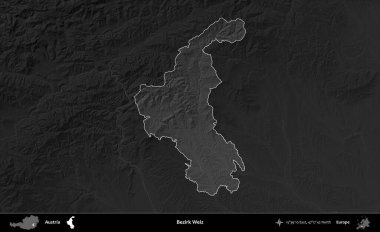 Bezirk Weiz. Avusturya 'nın idari alanı koyu gri tonlu bir yükselme haritasına vurgulandı ve özetlendi
