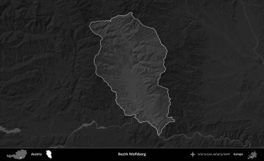 Bezirk Wolfsberg. Avusturya 'nın idari alanı koyu gri tonlu bir yükselme haritasına vurgulandı ve özetlendi