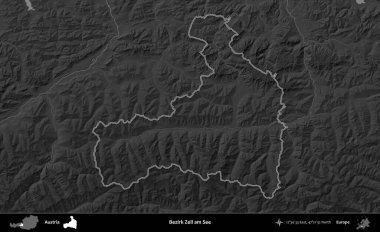 Bezirk Zell am See. Avusturya 'nın idari bölgesi gri ölçekli bir yükselme haritasında özetlendi