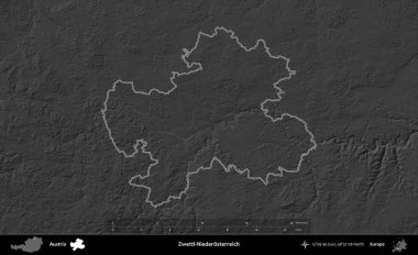 Zwettl-Niederosterreich. Avusturya 'nın idari bölgesi gri ölçekli bir yükselme haritasında özetlendi