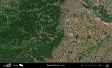 Bezirk Modelliği. Temmuz 2022 'de çekilen Global Mozaik Sentinel-2 karolarından oluşan bir uydu görüntüsü üzerine Avusturya' nın idari bölgesi