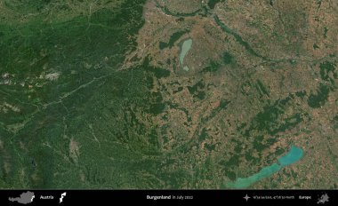 Burgenland 'da. Temmuz 2022 'de çekilen Global Mozaik Sentinel-2 karolarından oluşan bir uydu görüntüsü üzerine Avusturya' nın idari bölgesi