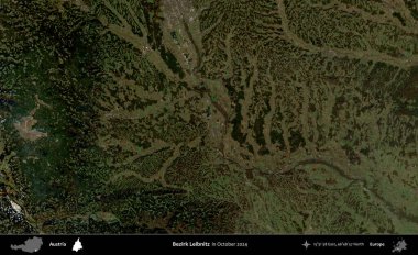 Bezirk Leibnitz. Ekim 2024 'te çekilen Global Mozaik Sentinel-2 karolarından oluşan bir uydu görüntüsü üzerine Avusturya' nın idari bölgesi