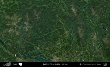 Bezirk St. Veit ve Der Glan. Temmuz 2022 'de çekilen Global Mozaik Sentinel-2 karolarından oluşan bir uydu görüntüsü üzerine Avusturya' nın idari bölgesi