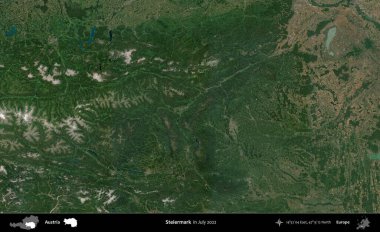 Steiermark. Temmuz 2022 'de çekilen Global Mozaik Sentinel-2 karolarından oluşan bir uydu görüntüsü üzerine Avusturya' nın idari bölgesi