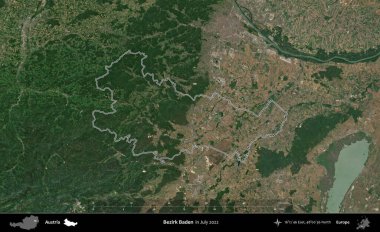 Bezirk Baden. Avusturya 'nın idari alanı, Temmuz 2022' de çekilen Global Mozaik Sentinel-2 karolarından oluşan bir uydu görüntüsüyle özetlendi.