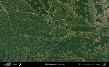 Bezirk Jennersdorf. Avusturya 'nın idari alanı, Temmuz 2022' de çekilen Global Mozaik Sentinel-2 karolarından oluşan bir uydu görüntüsüyle özetlendi.