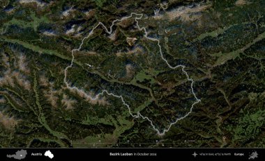 Bezirk Leoben. Avusturya 'nın idari alanı, Ekim 2024' te çekilen Global Mozaik Sentinel-2 karolarından oluşan bir uydu görüntüsünde özetlenmiştir.