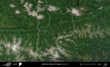 Bezirk St. Johann im Pongau. Avusturya 'nın idari alanı, Temmuz 2022' de çekilen Global Mozaik Sentinel-2 karolarından oluşan bir uydu görüntüsüyle özetlendi.