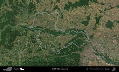 Bezirk Tulln. Avusturya 'nın idari alanı, Temmuz 2022' de çekilen Global Mozaik Sentinel-2 karolarından oluşan bir uydu görüntüsüyle özetlendi.