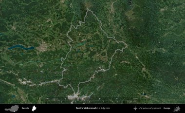 Bezirk Volkermarkt. Avusturya 'nın idari alanı, Temmuz 2022' de çekilen Global Mozaik Sentinel-2 karolarından oluşan bir uydu görüntüsüyle özetlendi.