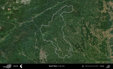 Bezirk Weiz. Avusturya 'nın idari alanı, Temmuz 2022' de çekilen Global Mozaik Sentinel-2 karolarından oluşan bir uydu görüntüsüyle özetlendi.