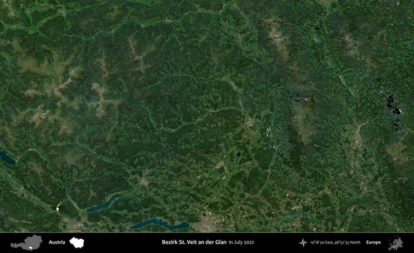 Bezirk St. Veit ve Der Glan. Temmuz 2022 'de çekilen Global Mozaik Sentinel-2 karolarından oluşan bir uydu görüntüsü üzerine Avusturya' nın idari bölgesi
