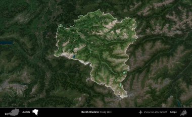 Bezirk Bludenz. Avusturya 'nın idari alanı, Temmuz 2022' de çekilen Global Mozaik Sentinel-2 karolarından oluşan koyu renkli bir uydu görüntüsü üzerinde vurgulandı ve özetlendi.