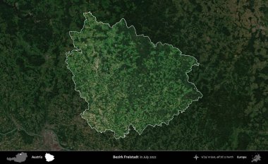 Bezirk Freistadt. Avusturya 'nın idari alanı, Temmuz 2022' de çekilen Global Mozaik Sentinel-2 karolarından oluşan koyu renkli bir uydu görüntüsü üzerinde vurgulandı ve özetlendi.