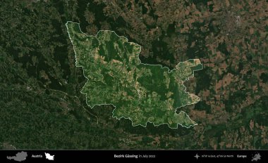 Bezirk Gussing. Avusturya 'nın idari alanı, Temmuz 2022' de çekilen Global Mozaik Sentinel-2 karolarından oluşan koyu renkli bir uydu görüntüsü üzerinde vurgulandı ve özetlendi.