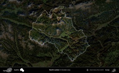 Bezirk Leoben. Avusturya 'nın idari alanı, Ekim 2024' te çekilen Global Mozaik Sentinel-2 karolarından oluşan koyu renkli bir uydu görüntüsü üzerinde vurgulandı ve özetlendi.