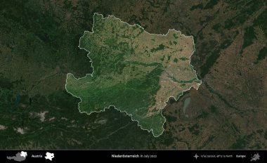 Niederosterreich. Avusturya 'nın idari alanı, Temmuz 2022' de çekilen Global Mozaik Sentinel-2 karolarından oluşan koyu renkli bir uydu görüntüsü üzerinde vurgulandı ve özetlendi.