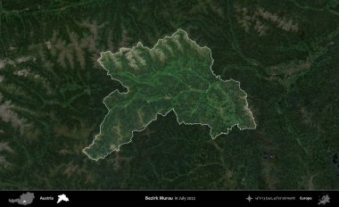 Bezirk Murau. Avusturya 'nın idari alanı, Temmuz 2022' de çekilen Global Mozaik Sentinel-2 karolarından oluşan koyu renkli bir uydu görüntüsü üzerinde vurgulandı ve özetlendi.