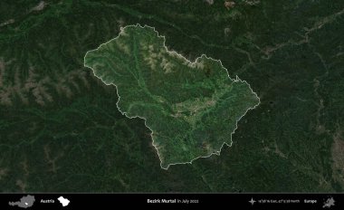 Bezirk Murtal. Avusturya 'nın idari alanı, Temmuz 2022' de çekilen Global Mozaik Sentinel-2 karolarından oluşan koyu renkli bir uydu görüntüsü üzerinde vurgulandı ve özetlendi.