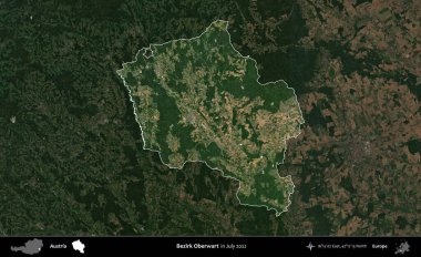 Bezirk Oberwart. Avusturya 'nın idari alanı, Temmuz 2022' de çekilen Global Mozaik Sentinel-2 karolarından oluşan koyu renkli bir uydu görüntüsü üzerinde vurgulandı ve özetlendi.