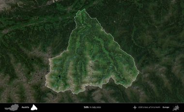 Solk. Avusturya 'nın idari alanı, Temmuz 2022' de çekilen Global Mozaik Sentinel-2 karolarından oluşan koyu renkli bir uydu görüntüsü üzerinde vurgulandı ve özetlendi.