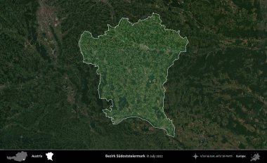 Bezirk Sudoststeiermark. Avusturya 'nın idari alanı, Temmuz 2022' de çekilen Global Mozaik Sentinel-2 karolarından oluşan koyu renkli bir uydu görüntüsü üzerinde vurgulandı ve özetlendi.