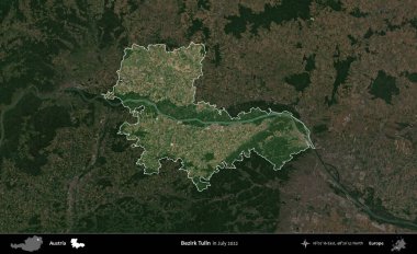 Bezirk Tulln. Avusturya 'nın idari alanı, Temmuz 2022' de çekilen Global Mozaik Sentinel-2 karolarından oluşan koyu renkli bir uydu görüntüsü üzerinde vurgulandı ve özetlendi.