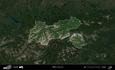 Tirol. Avusturya 'nın idari alanı, Temmuz 2022' de çekilen Global Mozaik Sentinel-2 karolarından oluşan koyu renkli bir uydu görüntüsü üzerinde vurgulandı ve özetlendi.