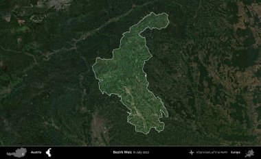 Bezirk Weiz. Avusturya 'nın idari alanı, Temmuz 2022' de çekilen Global Mozaik Sentinel-2 karolarından oluşan koyu renkli bir uydu görüntüsü üzerinde vurgulandı ve özetlendi.