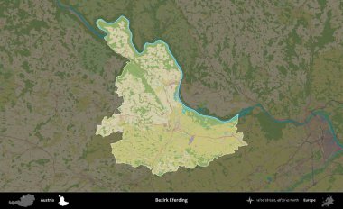 Bezirk Eferding. Avusturya 'nın idari alanı koyu renkli bir Topografik İnsani Yardım Stili haritasına vurgulandı ve özetlendi
