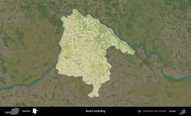 Bezirk Scharding. Avusturya 'nın idari alanı koyu renkli bir Topografik İnsani Yardım Stili haritasına vurgulandı ve özetlendi