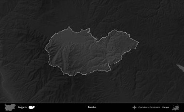 Bansko. Bulgaristan 'ın idari alanı koyu gri tonlu yükselme haritasına vurgulandı ve ana hatları çizildi