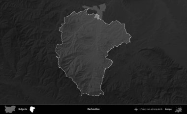 Berkovitsa. Bulgaristan 'ın idari alanı koyu gri tonlu yükselme haritasına vurgulandı ve ana hatları çizildi