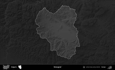 Botevgrad 'da. Bulgaristan 'ın idari alanı koyu gri tonlu yükselme haritasına vurgulandı ve ana hatları çizildi