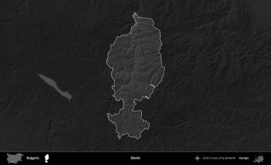 Devin. Bulgaristan 'ın idari alanı koyu gri tonlu yükselme haritasına vurgulandı ve ana hatları çizildi
