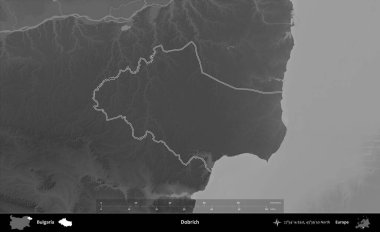 Dobrich. Bulgaristan 'ın idari bölgesi gri ölçekli bir yükselme haritasında belirtildi