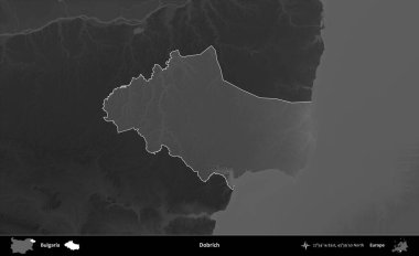 Dobrich. Bulgaristan 'ın idari alanı koyu gri tonlu yükselme haritasına vurgulandı ve ana hatları çizildi