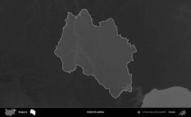 Dobrich-selska. Bulgaristan 'ın idari alanı koyu gri tonlu yükselme haritasına vurgulandı ve ana hatları çizildi