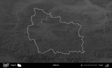 Gabrovo. Bulgaristan 'ın idari bölgesi gri ölçekli bir yükselme haritasında belirtildi