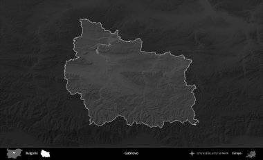 Gabrovo. Bulgaristan 'ın idari alanı koyu gri tonlu yükselme haritasına vurgulandı ve ana hatları çizildi